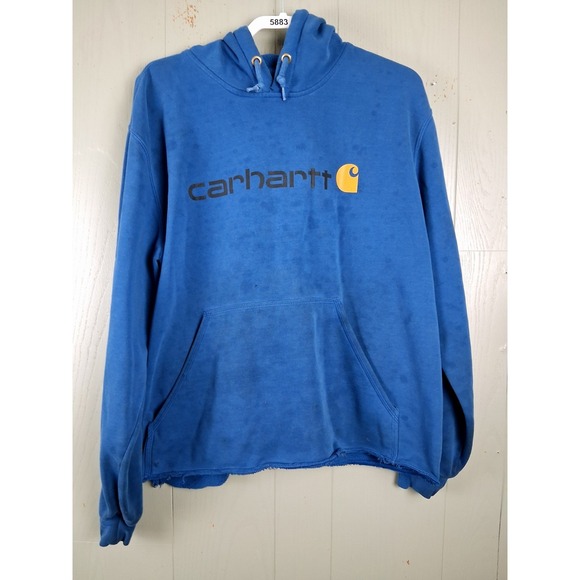 Carhartt Original Fit Hoodie Sweatshirt Mens L Blue Distressed Thrashed Workwear - Picture 1 of 9